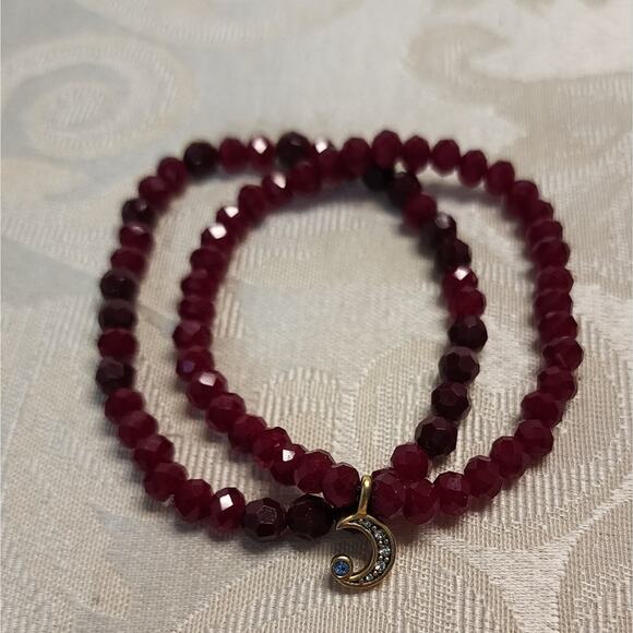 VINTAGE Red Ruby Glass Initial "C" Charm 2 Stretch Bracelets Set - Picture 2 of 5